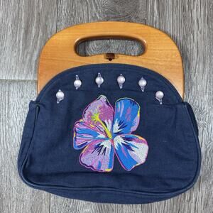 Vintage Bermuda Embroidered Bag Wooden Handle Handbag Purse Butterfly